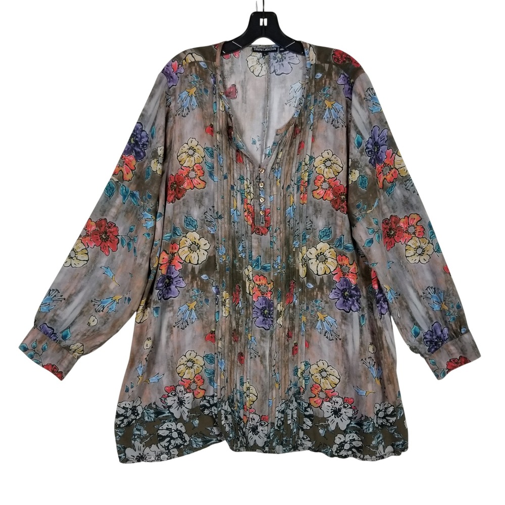 Tolani Collection Tunic Top Womens Large Brown Floral Pintuck Modal Long Sleeve
